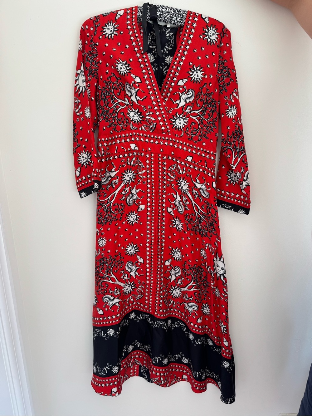 Sandro Red Black and White Printed V-Neck Midi Dress